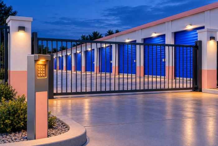 Lit entry gate with a keypad at the Elm Park site, open 24 hours