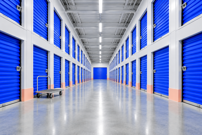 A two-level indoor corridor of climate-controlled units at the Harbor St site