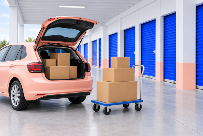 A car trunk and loaded cart beside drive-up units at the Riverside site