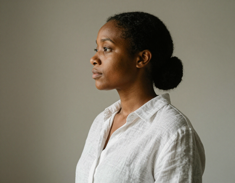 Woman in profile in soft window light against a grey wall