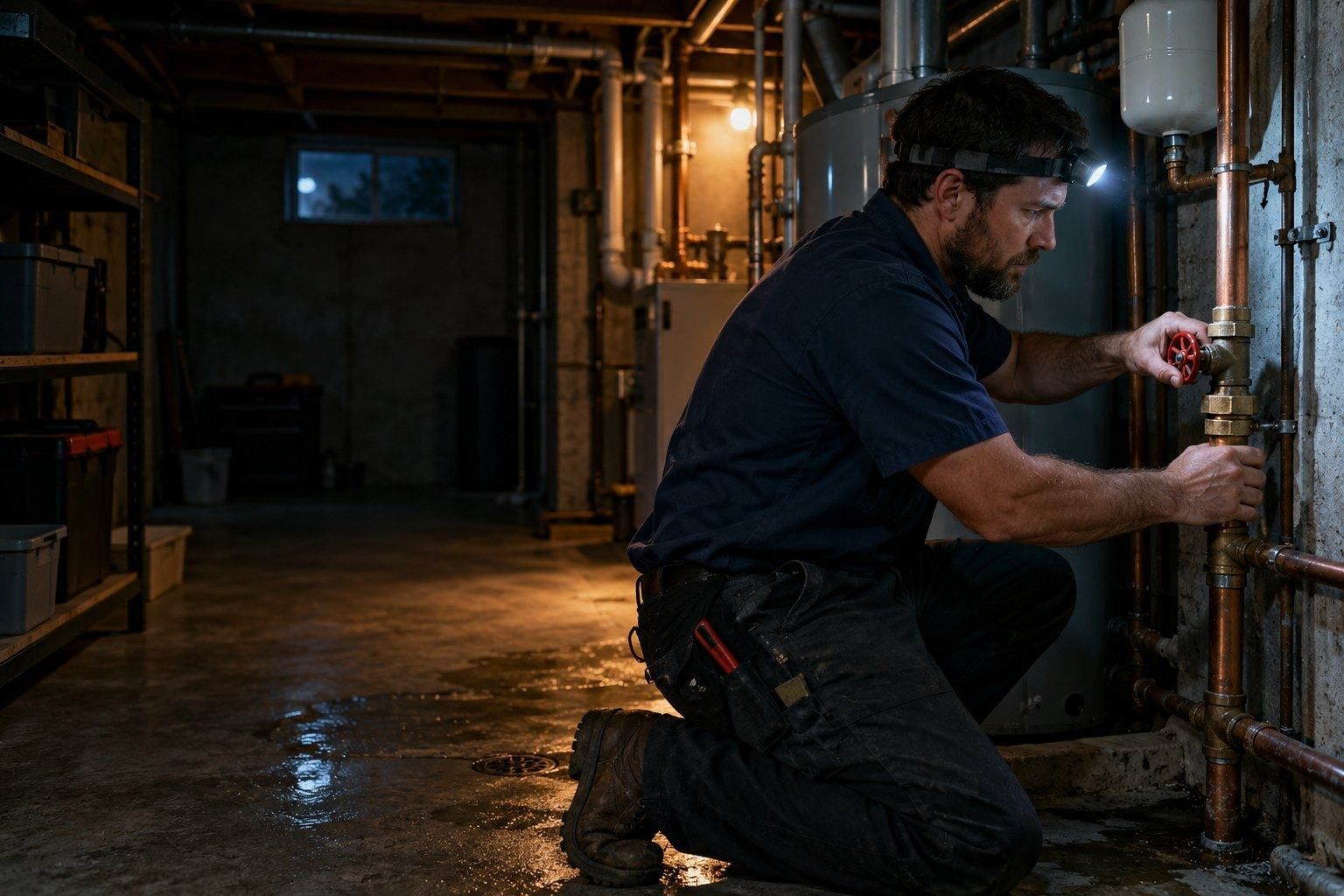 A Kowalski plumber with a headlamp turns the main water shut-off in a basement, beside the water heater and expansion tank