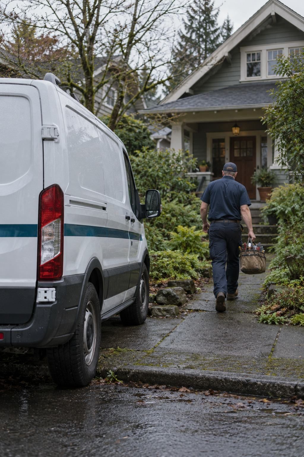 A Kowalski plumber walking up to a Portland bungalow, the white van parked at the kerb