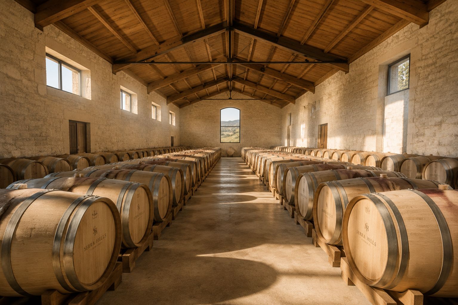 Light falling across the barrel hall between rows of oak barrels