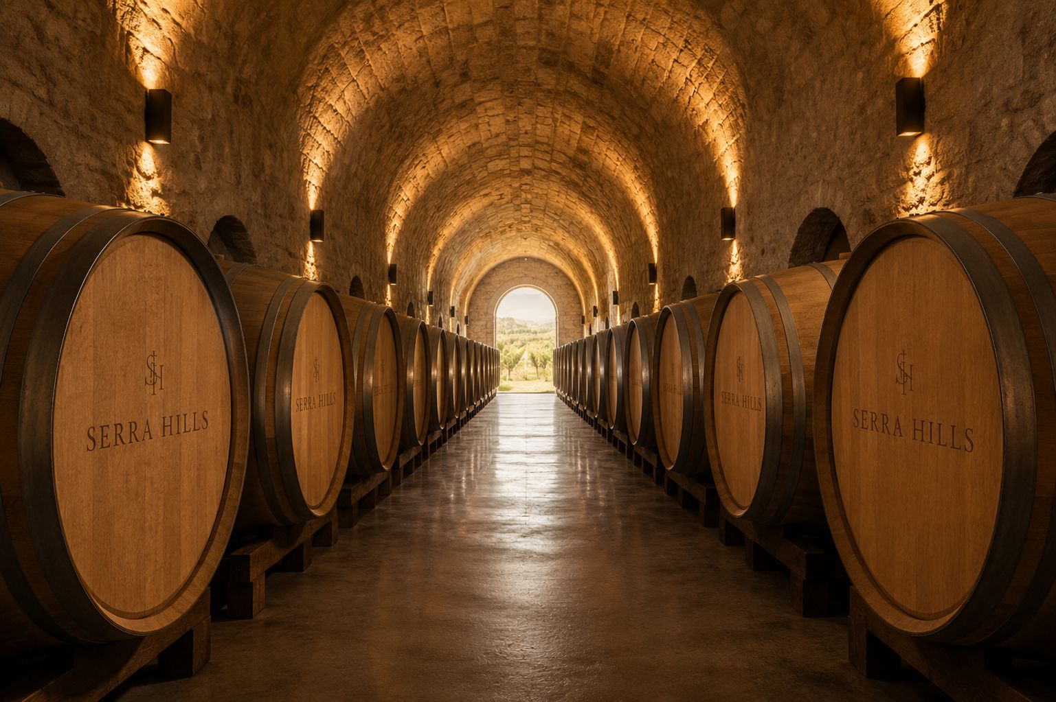 Stone tunnel lined with oak barrels beneath the estate