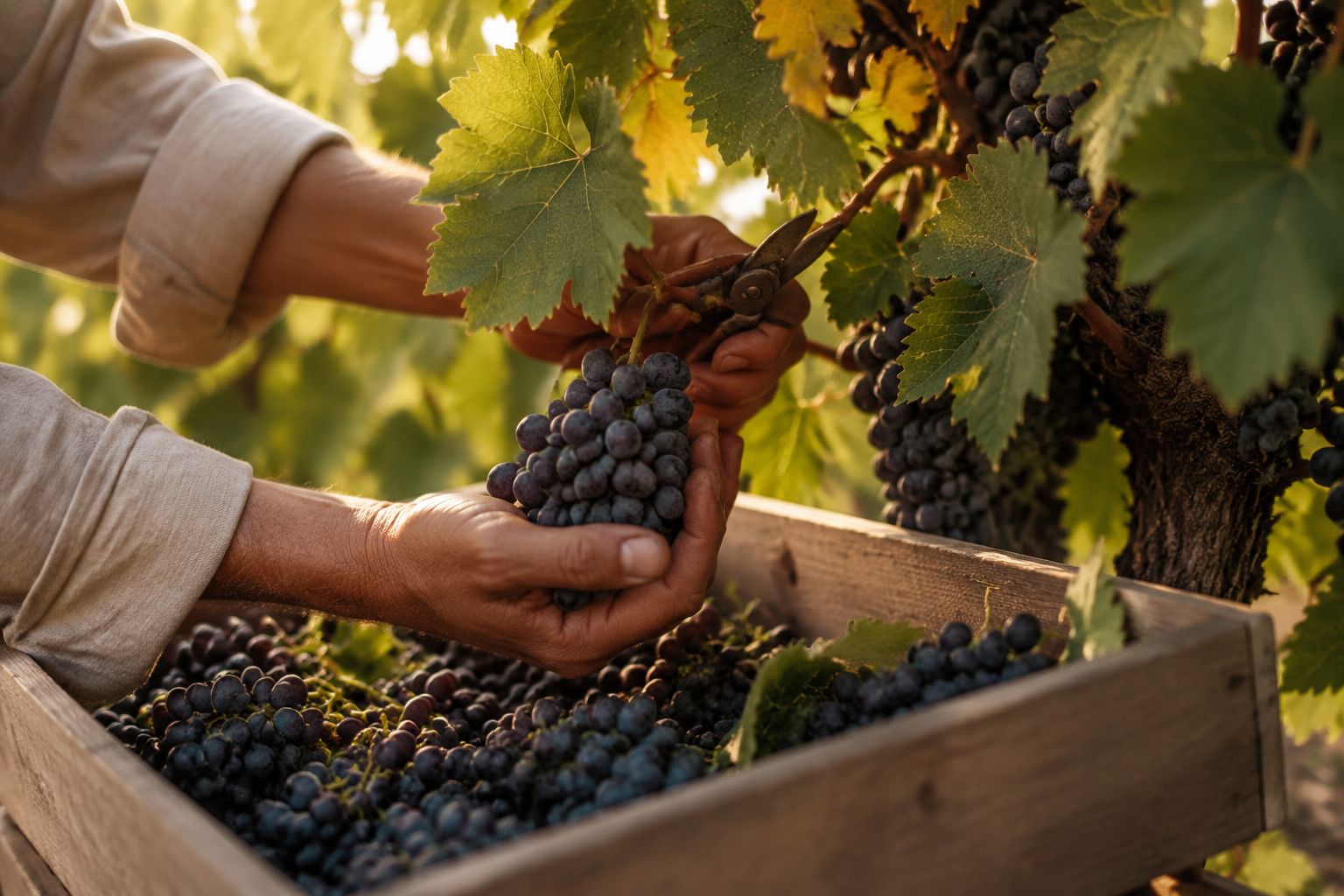 Hands holding freshly picked dark grapes during harvest