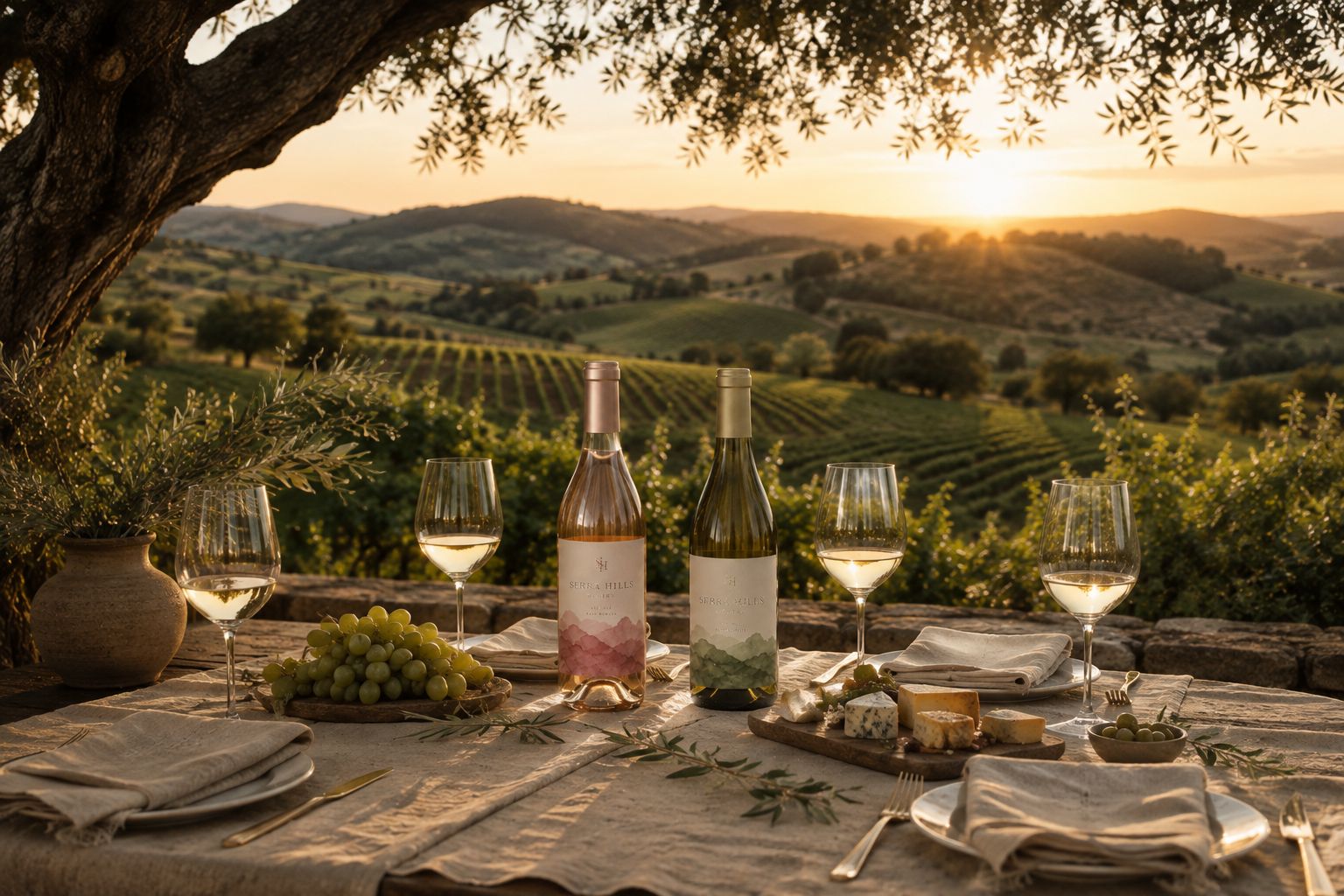 A long table set outdoors with glasses of red wine and shared plates