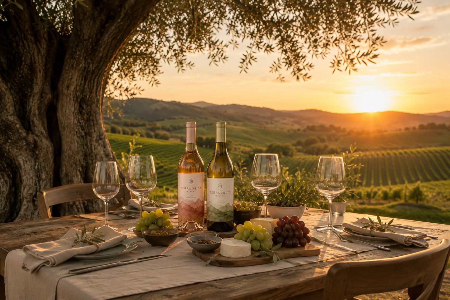 Long table set for a tasting lunch under the olive trees