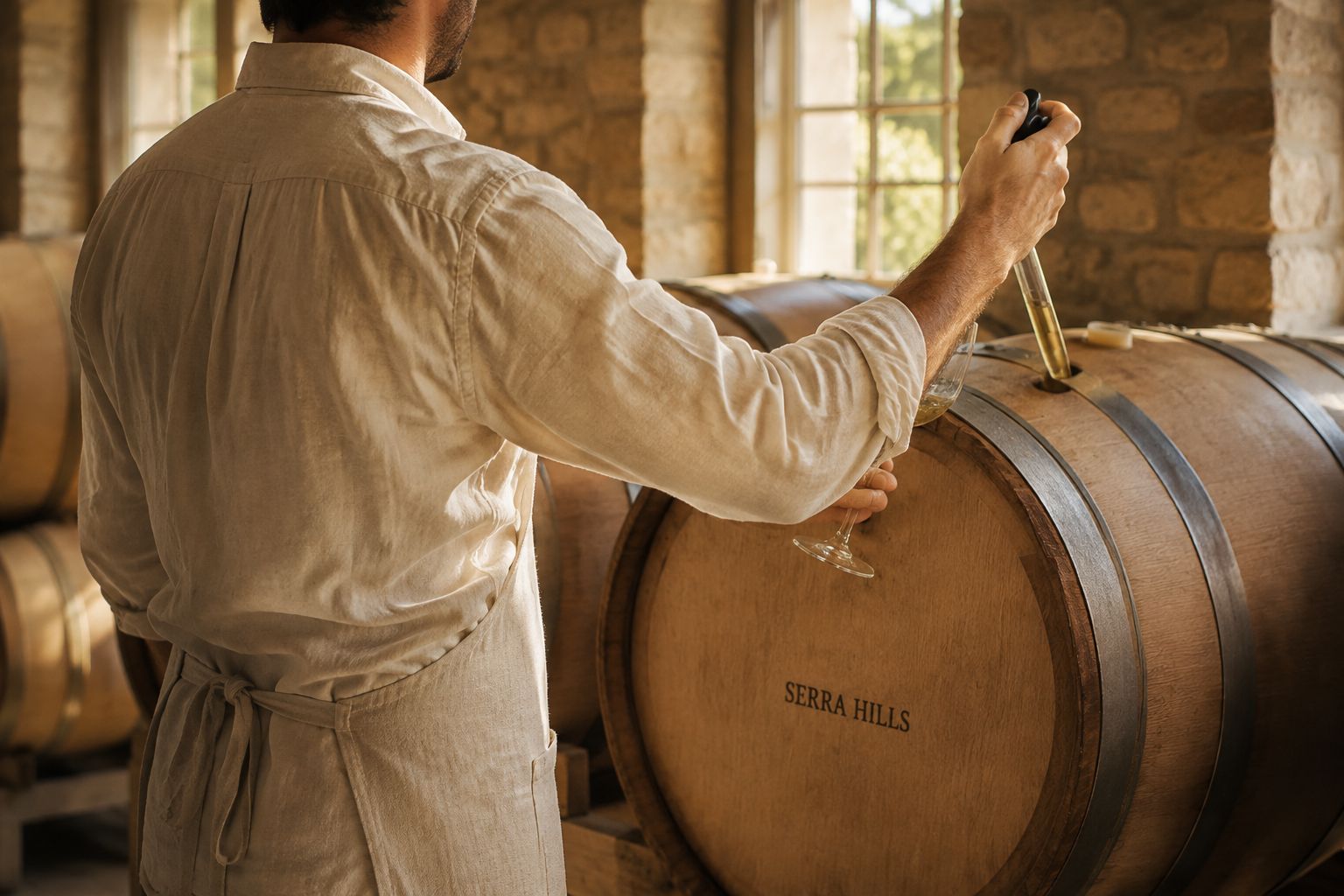 Winemaker Marco Ferrini's hands at the barrel