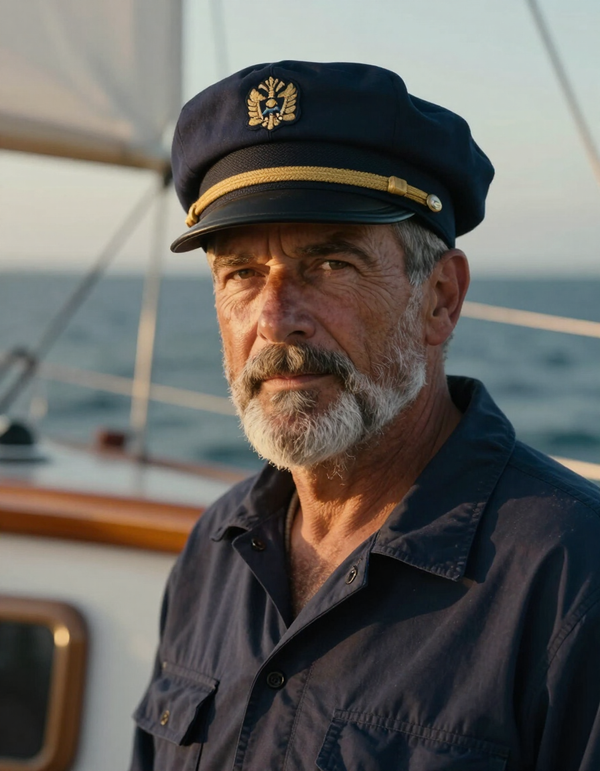 Portrait of the head skipper in a captain's cap on deck