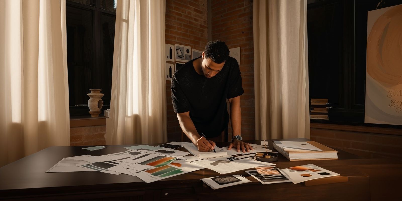 A founder sketching plans at a desk covered in notes and printouts
