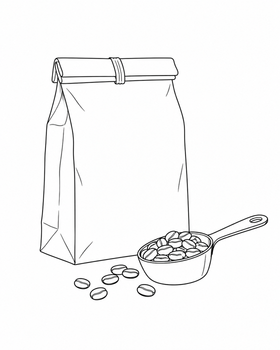 Line drawing of a folded paper bag of coffee beside a scoop of beans