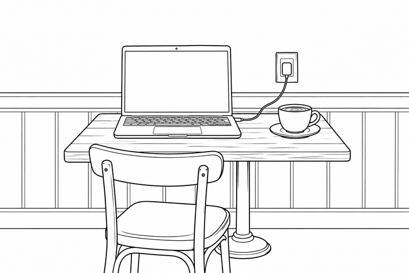 Line drawing of a laptop on a table, plugged into an outlet, beside a cup of coffee
