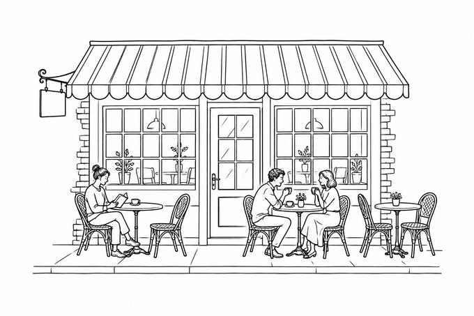 Line drawing of the café front: a scalloped awning, two big windows and a door, with people at the sidewalk tables