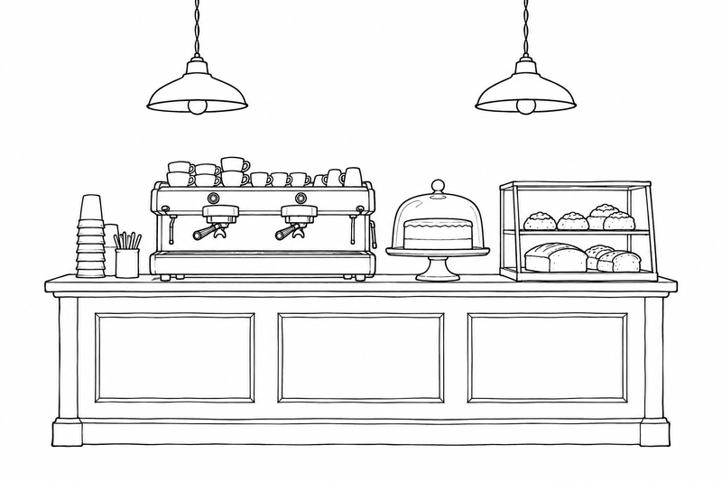 Line drawing of the counter: espresso machine, cake stand under a glass dome and a pastry case under two hanging lamps