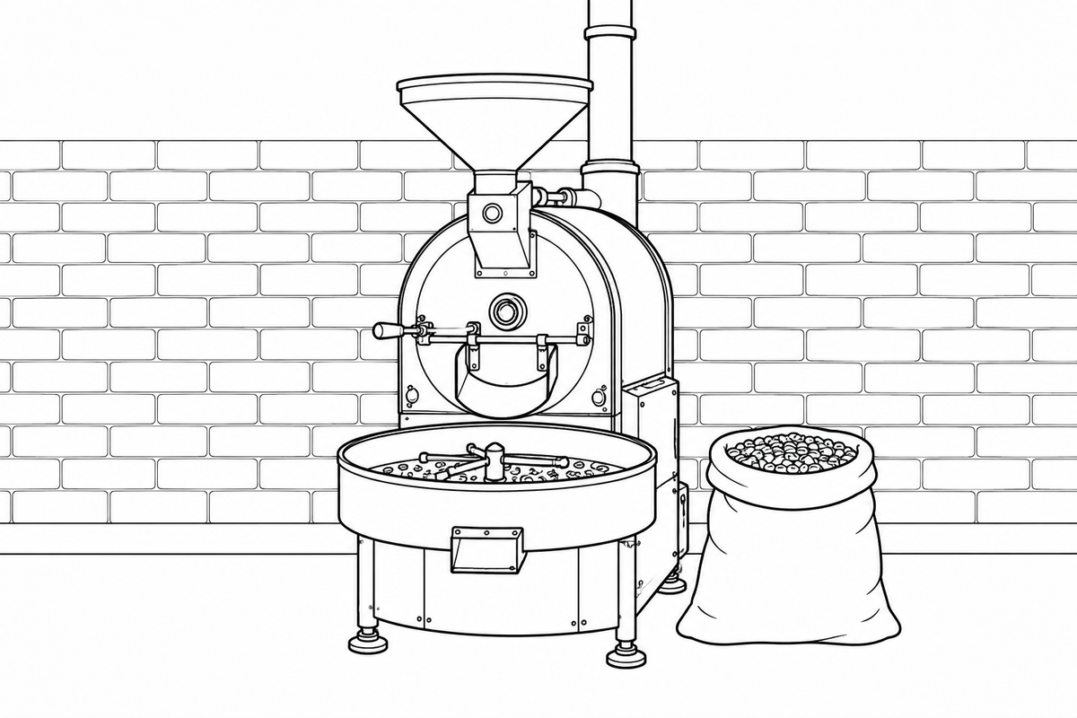 Line drawing of a small drum coffee roaster with its cooling tray