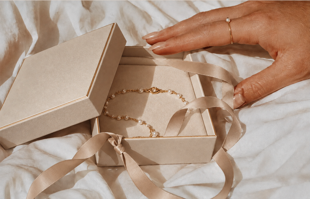 Pearl's cloth-lined gift box, tied by hand
