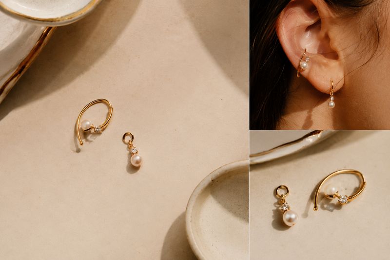Hook single earring in 18k gold with a freshwater pearl