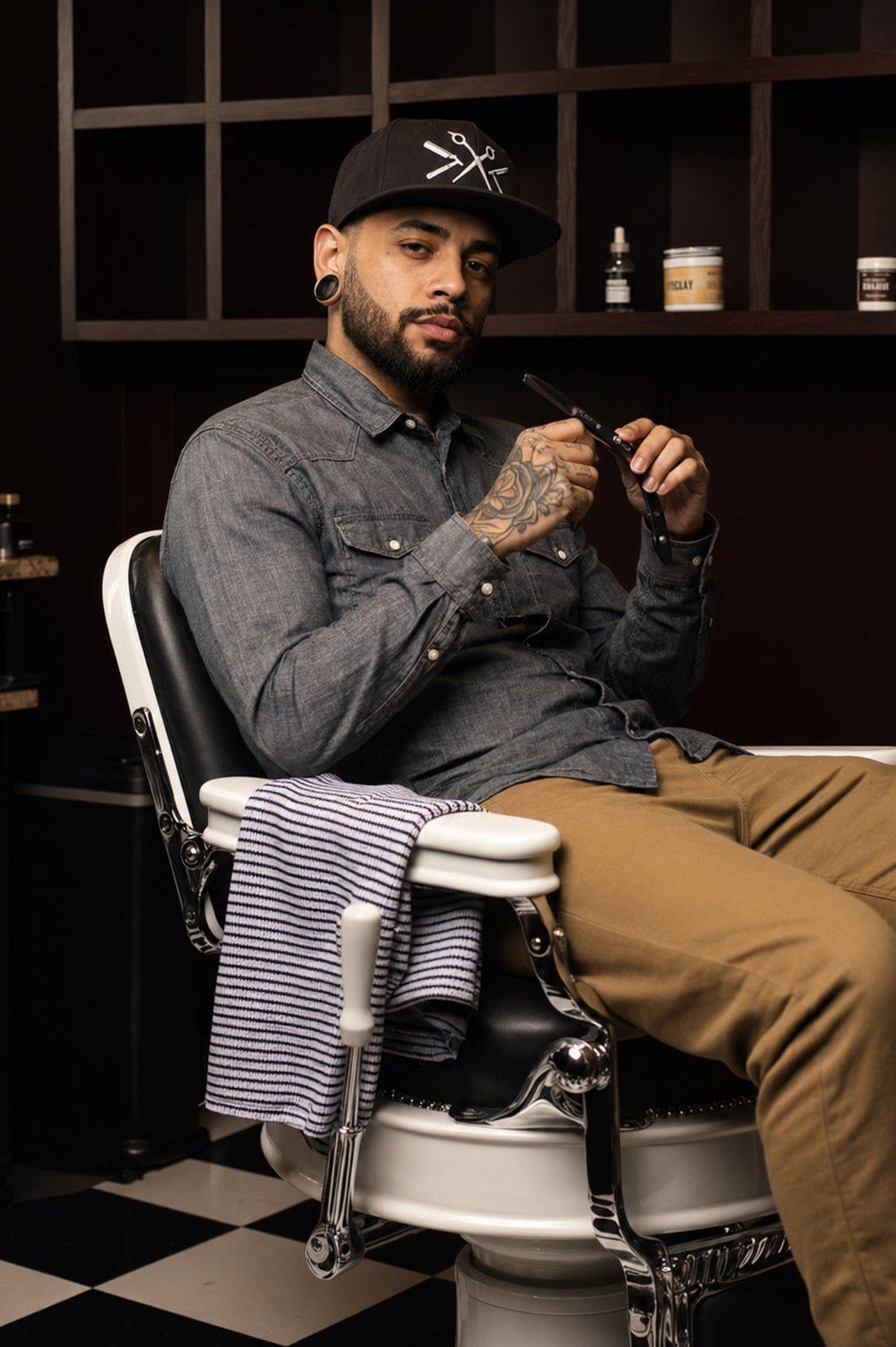 Dante Ferraro sitting in a barber chair